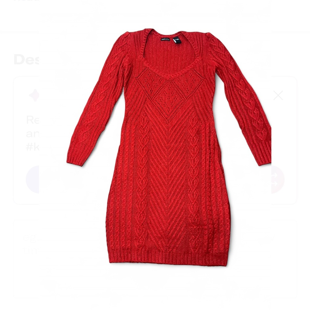 Moda International Red Cable Knit Long Sleeve V Neckline Knee- length Dress